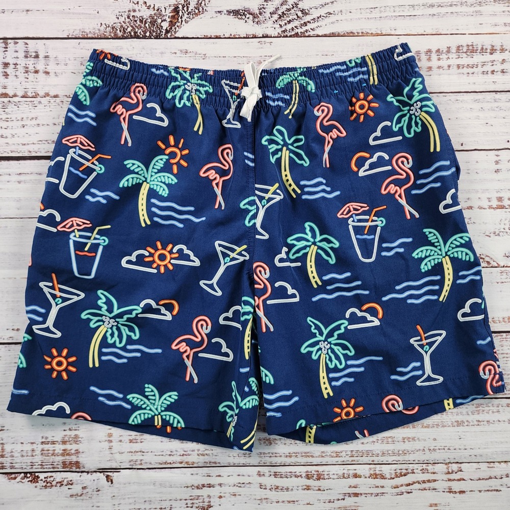 Chubbies The Neon Lights Swim Trunks Mens M Navy Flamingo Palm Mesh Lined